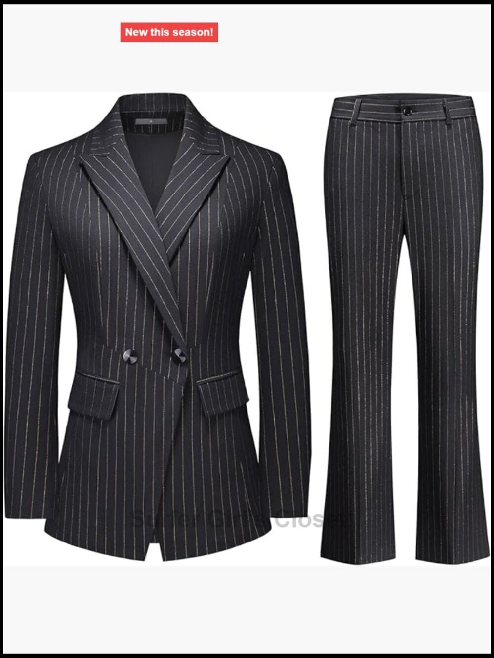 Womens Pinstripe Suit 2 Piece Blazer Flared Pants Set Business Work